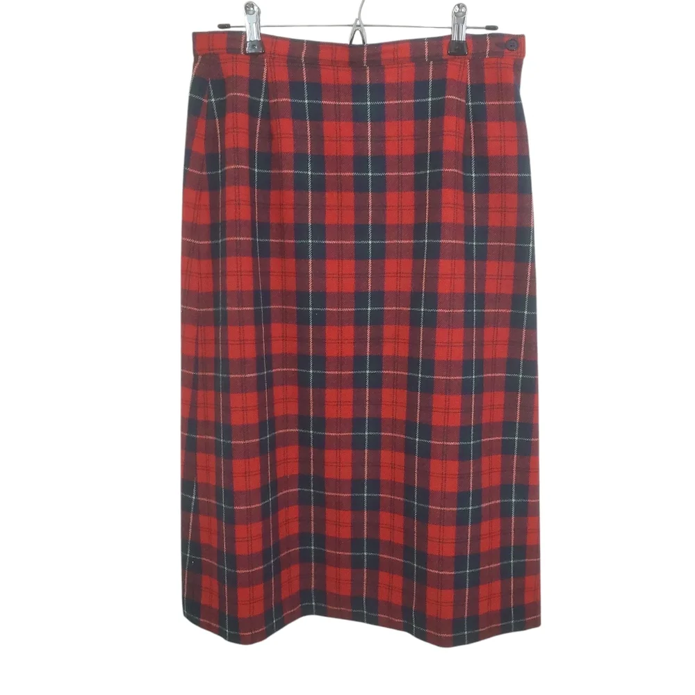 Vintage Pendleton Wool Red Blue Tartan Plaid Midi Skirt A-Line Size 12 Preppy - Picture 1 of 9